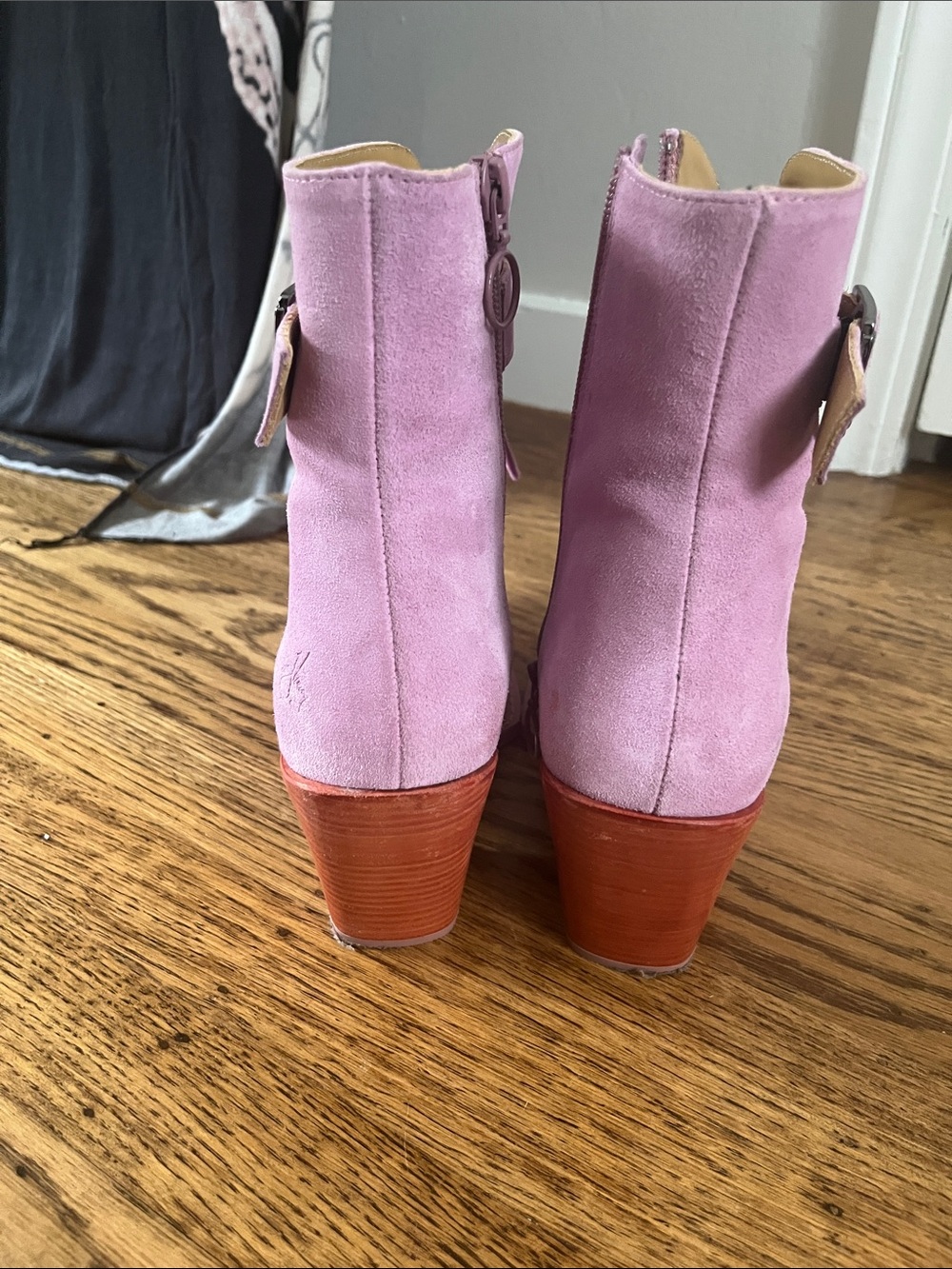 Pink Suede Lace-Up Ankle Boots with Buckle Strap - Picture 6 of 6
